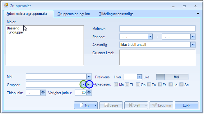 1.2.1 Opprette gruppemaler Gruppemaler-vinduet består av Administrere gruppemaler, Gruppemaler lagt inn og Tildeling av ansvarlige.