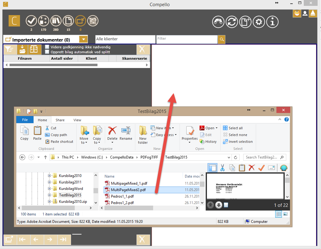 Dokumentimport Om Skanning og import av dokumenter Vi skal se på to metoder å ta bilag inn i Fakturagodkjenning som er: Manuelt drag and drop av PDF/TIFF filer fra en hvilken som helst mappe