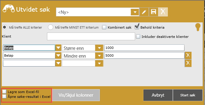 Åpne søke resultat i Excel (Utvidet lisens) Hvis du har utvidet lisens som inneholder Compello Analyse, kan du åpne søket ditt i Excel.