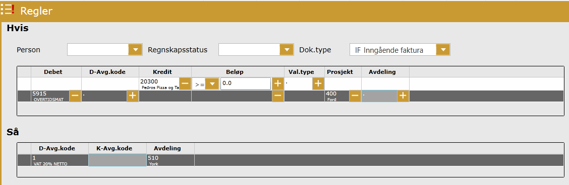 Forutsetninger i bilagshodet Øverst i skjermbildet ser du tre kriterier Person, Regnskapsstatus og Dok.type.