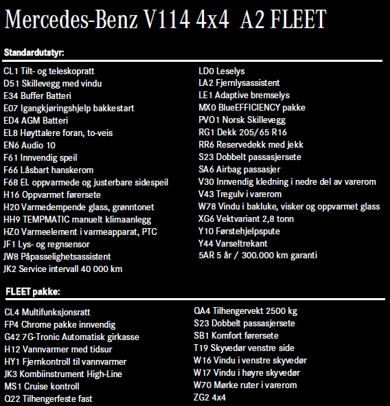 Mercedes-Benz Vito V114 4x4 AUT. A2 FLEET * Begrenset periode Illustrasjonsbilde Leie pr. mnd. p.t. kr. 3.505 eks. mva. Leieperiode: Årlig kjørelengde Forskuddsleie/etableringsomkostninger: 60 mnd.