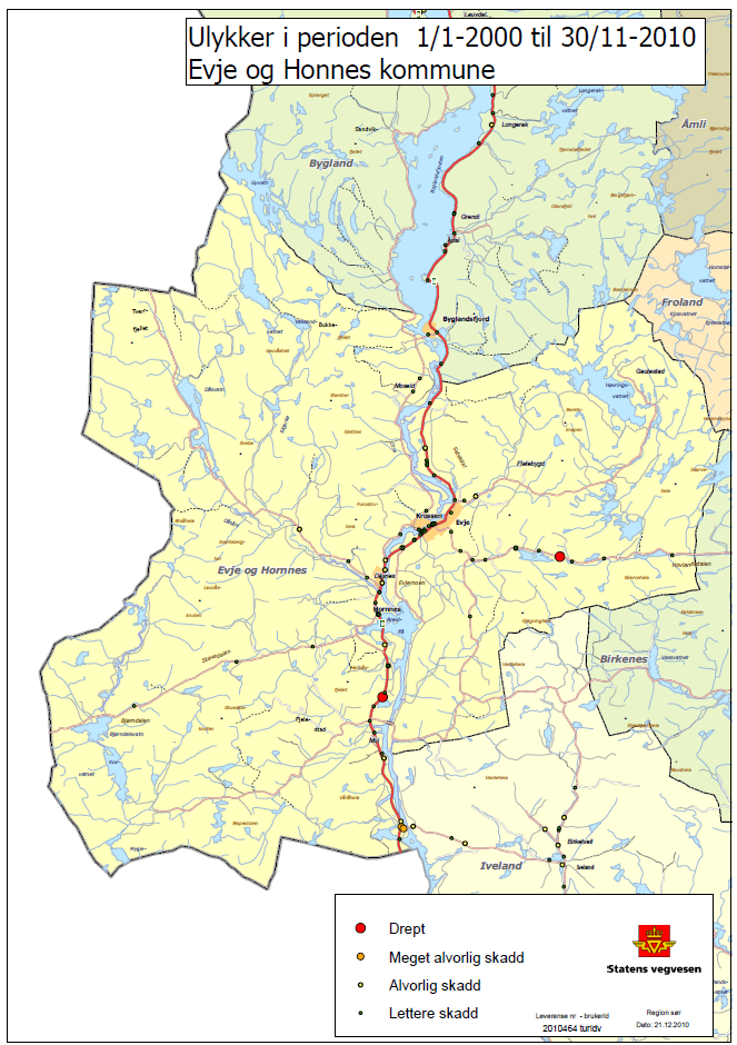 Figur 2 Ulykkesstedene i Evje og Hornnes kommune