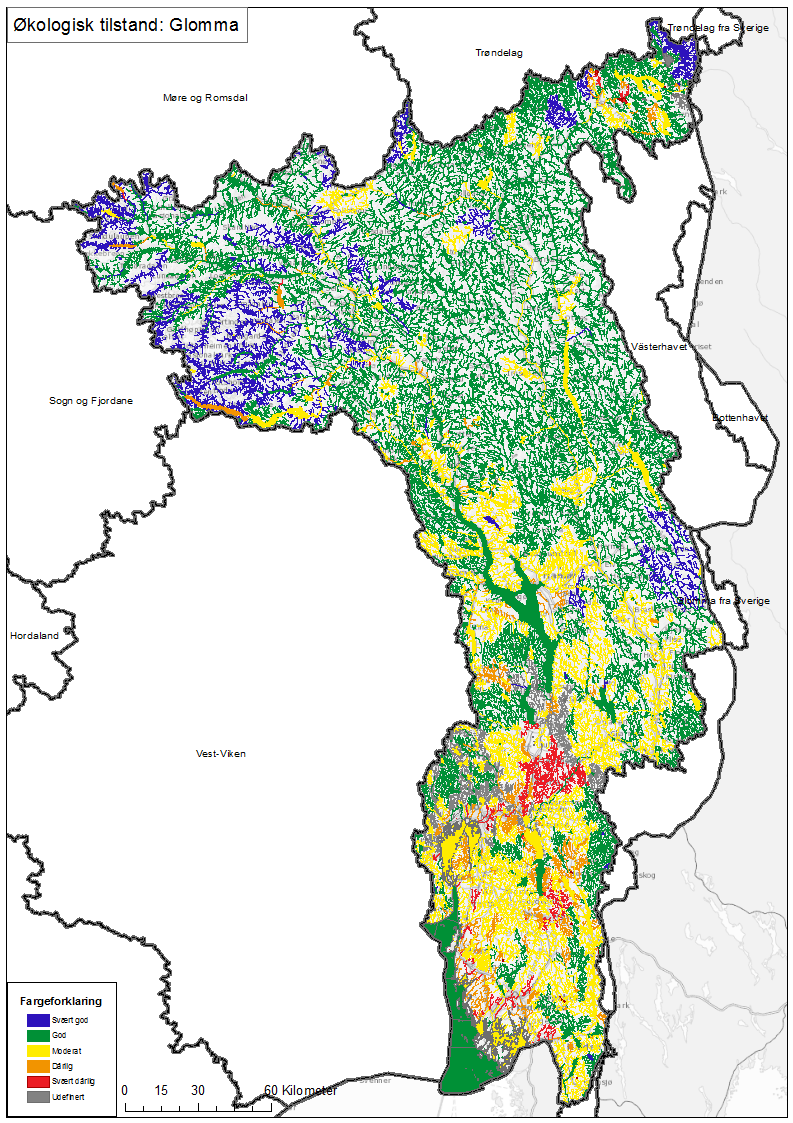 Figur 9.1. Kart over økologisk tilstand i vannregion Glomma.