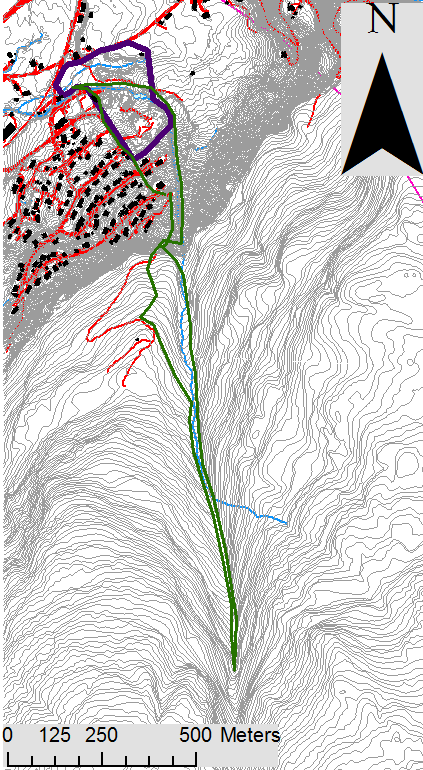 7 Synfaringsruta er vist på kartet (Fig. 3). Fig. 3 Kart som viser synfaringsruta (ca. merkt med grøn strek).