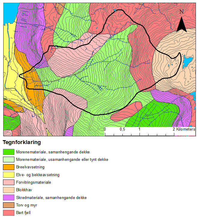SKREDFAREVURDERING STADHEIMSELVI, VIK KOMMUNE 7 Berggrunnen i området består av fyllitt og gneis i den austlege delen.