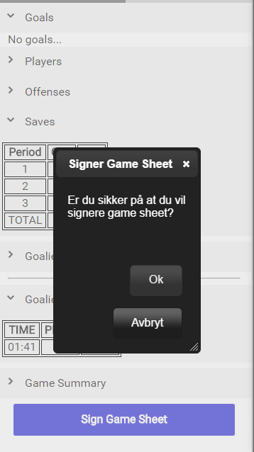 4. «Sign Game Sheet» vises dersom du enten har en av funksjonene Lagleder, Ass.