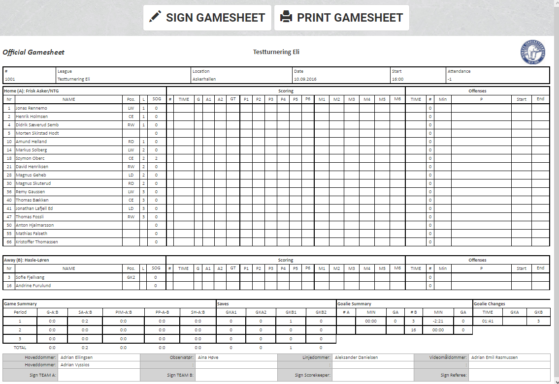 3. PRINT OR SIGN GAMESHEET viser Gamesheet, og