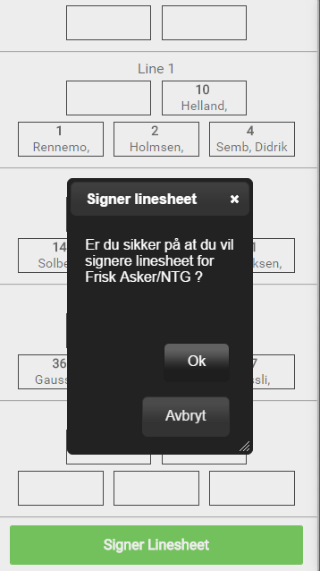 5. «Signer Linesheet» er tilgjengelig dersom du har en av funksjonene Lagleder, ass.