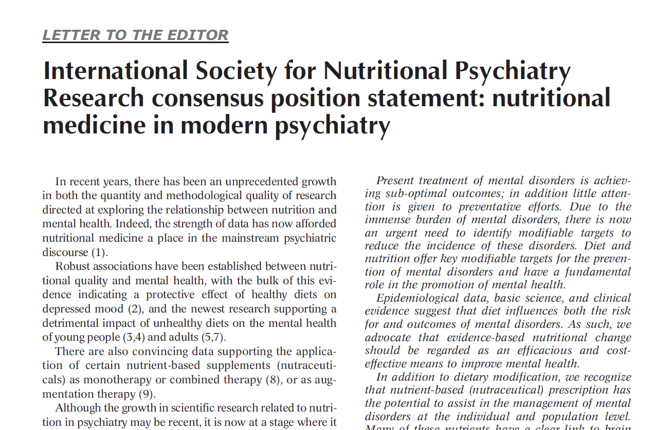 International Society for Nutritional Psychiatry Research 1) Robuste sammenhenger mellom ernæring og psykisk helse Indikerer beskyttende effekt på depresjon av sunne dietter Negativ effekt av usunne