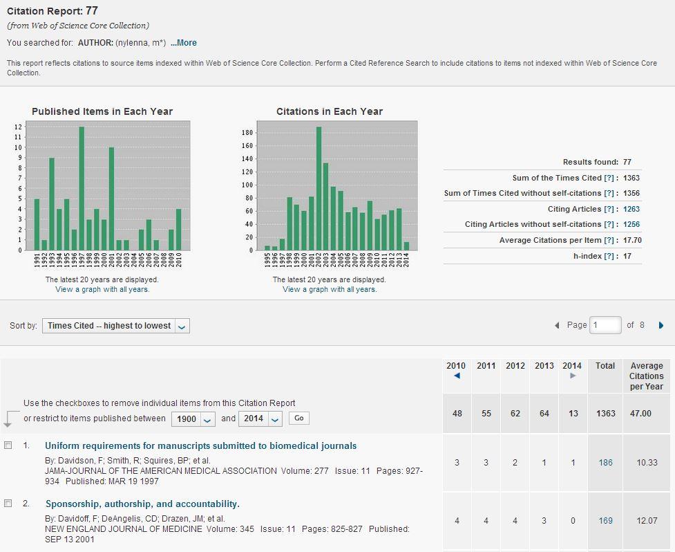 Her finnes utregningene for Journal Impact Factor, Journal Immediacy Index, Journal Cited Half-Life, Cited Journal Graph, Journal Citing Half-Life med mer.