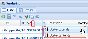 Gruppere På fliken Liste kan du velge hvordan du vil se vurderingene dine gruppert. Dersom du for eksempel velger gruppert etter gruppe vil du se matematikk, norsk osv.