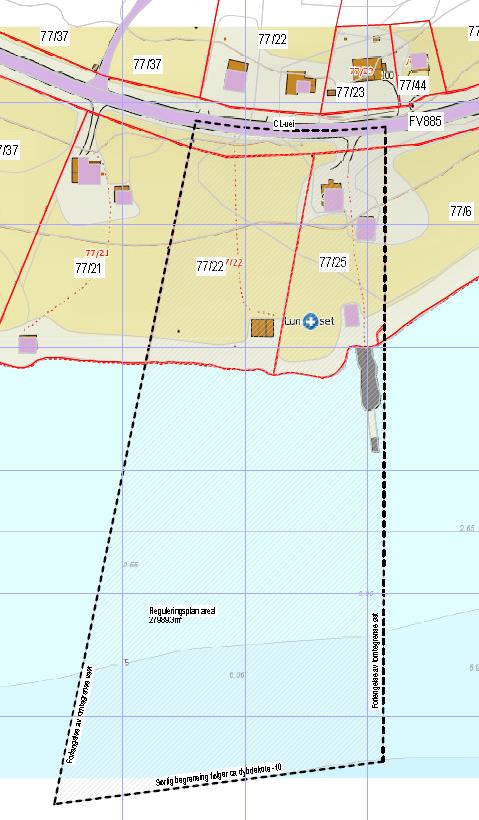 Formålet med planarbeidet: Bakgrunnen for planarbeidet: Ny reguleringsplan for boliger, naust, båtplasser og molo. Forslagsstillers planavgrensning er vist til høyre.