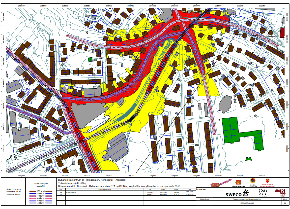 Figur 6-65 Omhyllingskurve som viser støy fra Bybanen (BT1 og BT4 summert), vegtrafikk og Bergensbanen, høyde 4 m over terreng for prognoseåret 2040.