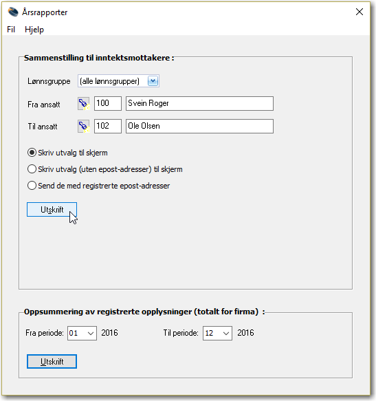 Du kan velge å skrive ut pr lønnsgrupper eller alle samtidig.