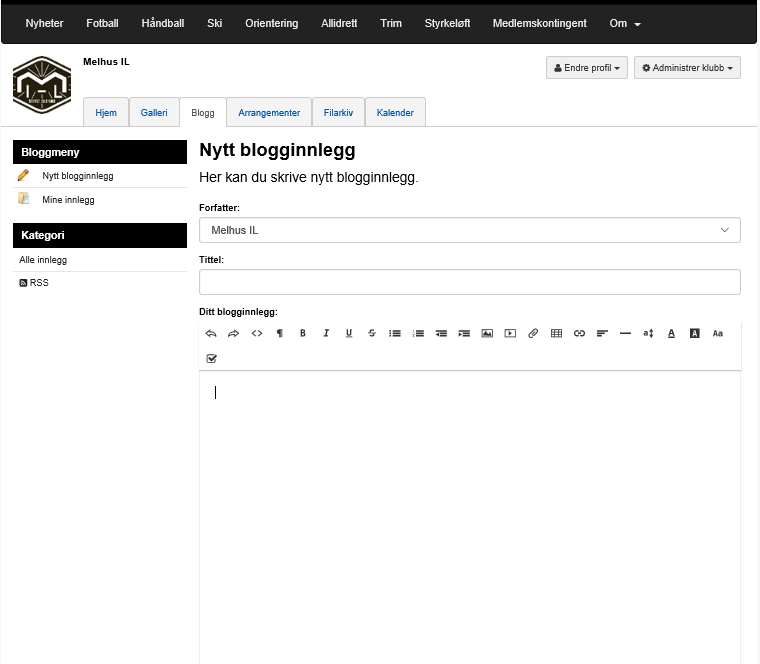 2. Du kommer da inn på bloggen til avdelingen. Forfatter vil være den du valgte under punkt 1. Ved behov kan du endre dette her. 3. Skriv inn tittel på innlegget. 4.