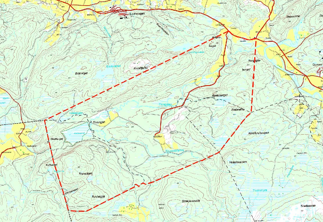 Figur 1: Planområde innenfor rød stiplet strek (kilde: