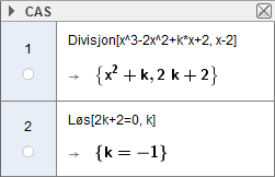 Oppgve 1. Vi ruker kommndoen Divisjon i GeoGer til å finne resten etter divisjonen ( k ) : ( ). Resten er k. Altså er resten lik når k 1. f( ) er delelig med når k 1.