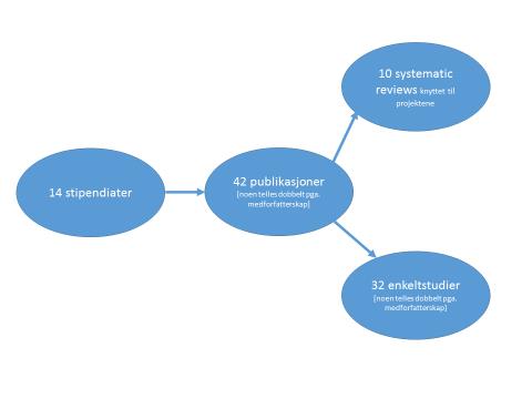 Figur 15 Koblingen mellom stipendiater og publikasjoner fordelt på enkeltpublikasjoner og systematic reviews.
