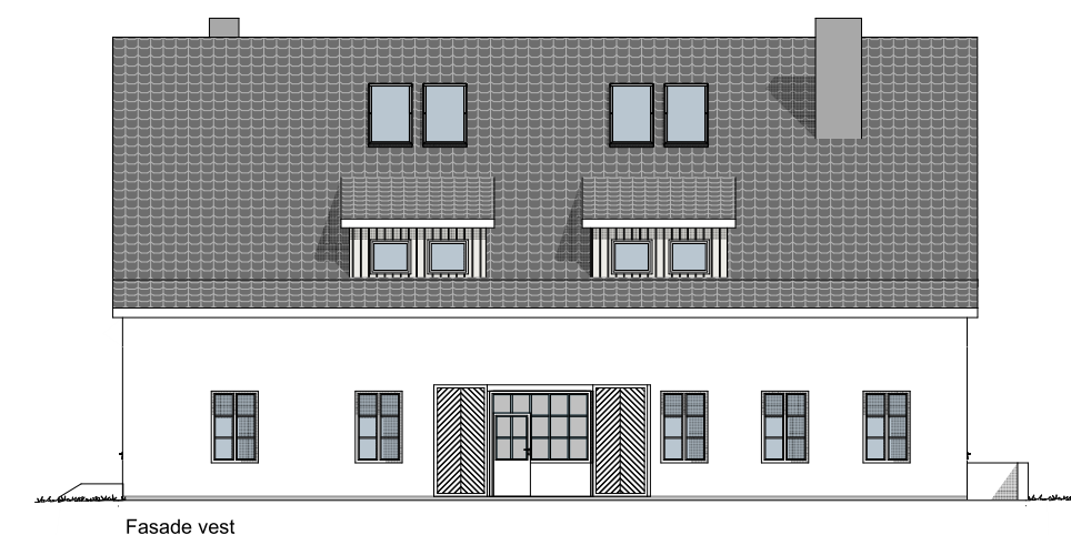 Uterom Forslag til renovert vestfasade. Eksisterende kanonport er beholdt som referanse Boligene får et felles uterom mot sørvest. Utearealet er på rundt 250 m², noe som gir ca. 35 m² per boenhet.