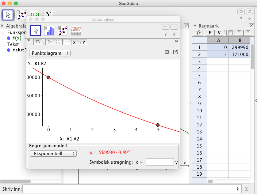 c) Tegner begge modellene og linjen x = 7 (siden x = 7 tilsvarer 2013). Skjæring mellom objekter gir punkt A og B.