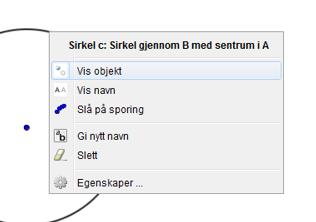 Alle objektene beskrives her; punkter med koordinater sirkler med likninger. Umiddelbart foran navnet på objektet er et felt som kan klikkes for å skru visning av/på.