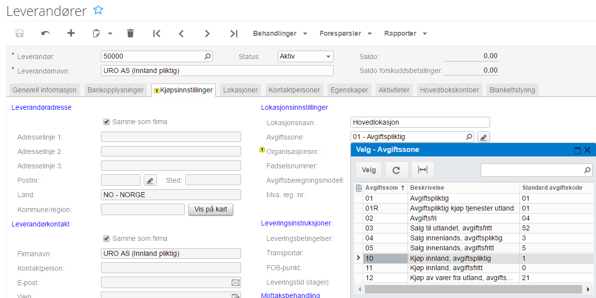 Leverandør Bytt til rett avgiftssone på leverandører. Under har vi to eksempler. Dersom det er få leverandører kan du følge eksempel 1. Er det mange leverandører anbefaler vi å følge eksempel 2.