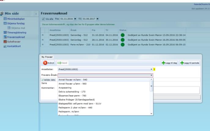inn kmmentar, Velg type fravær). Du kan gså søke m repeterende fravær (f. eks. nsdag i hver uke) Trykk på Send søknad. Prsten vil da få søknaden g vil innvilge eller avslå den.