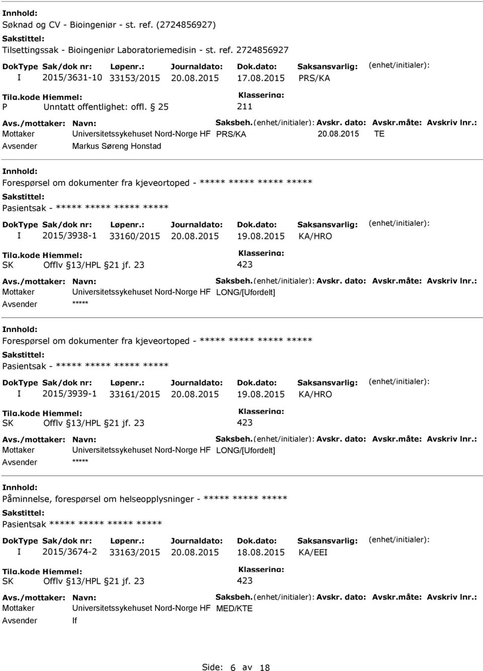 : Mottaker niversitetssykehuset Nord-Norge HF TE Markus Søreng Honstad Forespørsel om dokumenter fra kjeveortoped - ***** ***** ***** ***** 2015/3938-1 33160/2015 Avs.