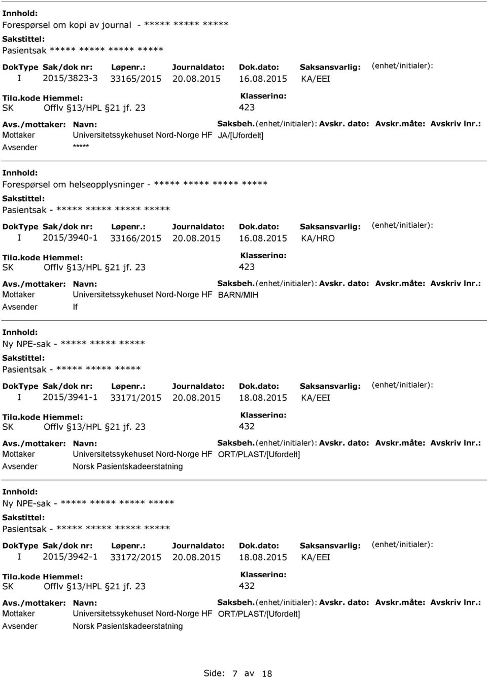 dato: Avskr.måte: Avskriv lnr.: Mottaker niversitetssykehuset Nord-Norge HF BARN/MH f Ny NE-sak - ***** ***** ***** 2015/3941-1 33171/2015 KA/EE Avs./mottaker: Navn: Saksbeh. Avskr. dato: Avskr.