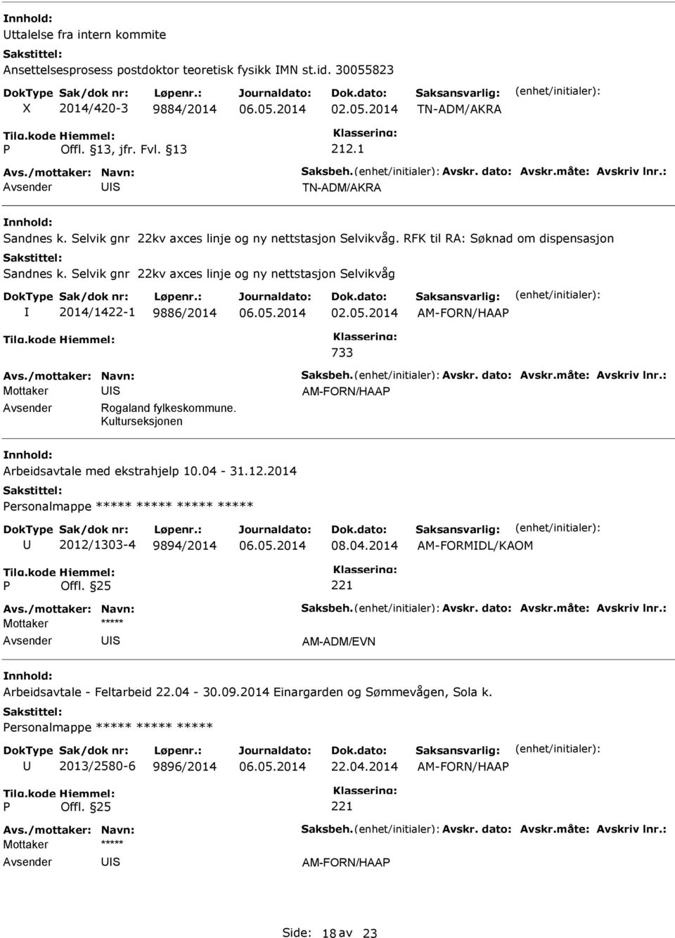 2014 AM-FORN/HAA 733 Mottaker AM-FORN/HAA Rogaland fylkeskommune. Kulturseksjonen Arbeidsavtale med ekstrahjelp 10.04-31.12.2014 ersonalmappe ***** ***** ***** ***** 2012/1303-4 9894/2014 Offl.