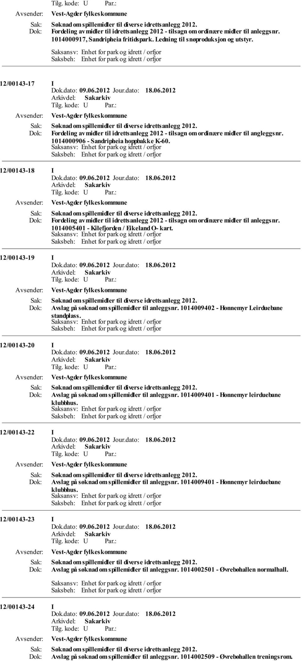 Fordeling av midler til idrettsanlegg 2012 - tilsagn om ordinære midler til angleggsnr. 1014000906 - Sandripheia hoppbakke K-60. 12/00143-18 I  1014005401 - Kilefjorden / Eikeland O- kart.