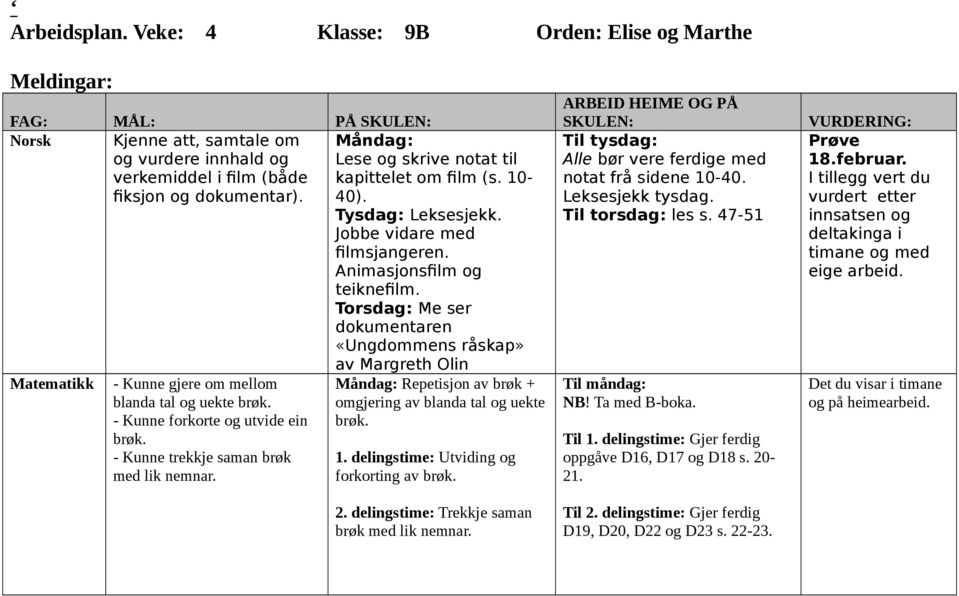 (s. 0- fiksjon og dokumentar). 40). Tysdag: Leksesjekk. Jobbe vidare med filmsjangeren. Animasjonsfilm og teiknefilm.