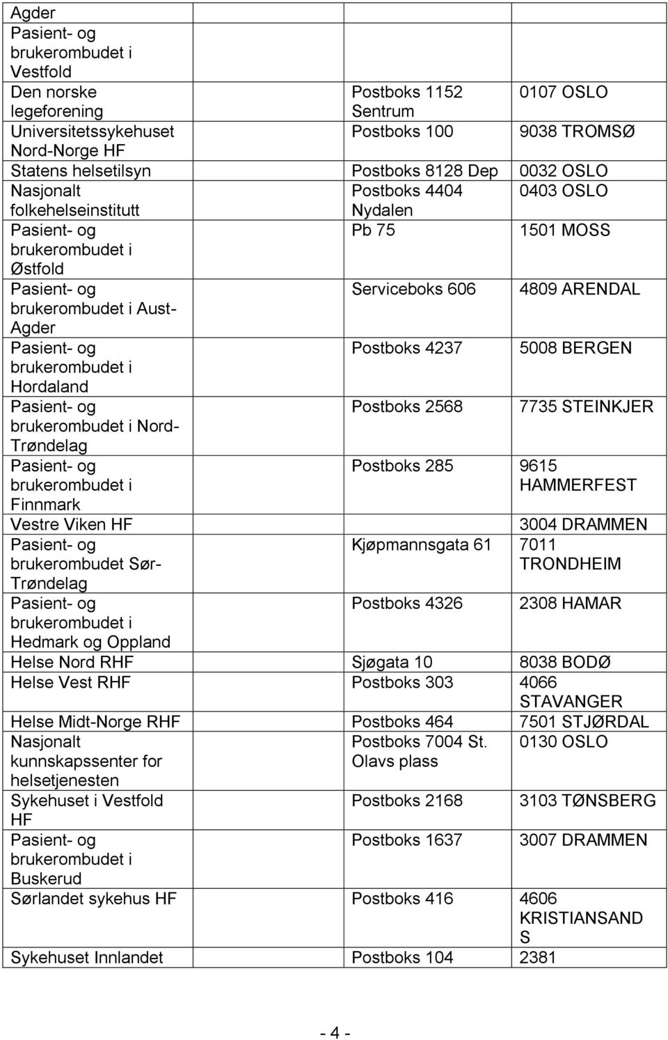 Postboks 2568 1501 MOSS 4809 ARENDAL 5008 BERGEN 7735 STEINKJER Postboks 285 9615 HAMMERFEST 3004 DRAMMEN Kjøpmannsgata 61 7011 TRONDHEIM Postboks 4326 2308 HAMAR Helse Nord R Sjøgata 10 8038 BODØ