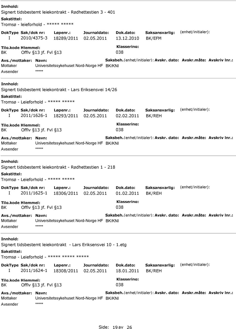 02.2011 /REH Mottaker niversitetssykehuset Nord-Norge HF /KN Signert tidsbestemt leiekontrakt - Rødhettestien 1-218 Tromsø - Leieforhold - ***** ***** 2011/1625-1 18306/2011 01.02.2011 /REH Mottaker niversitetssykehuset Nord-Norge HF /KN Signert tidsbestemt leiekontrakt - Lars Eriksensvei 10-1.