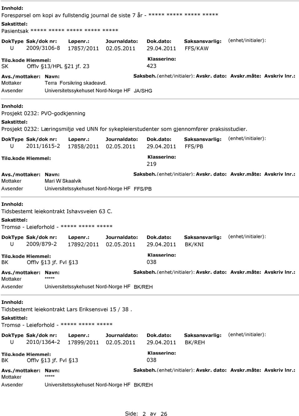 2011/1615-2 17858/2011 FFS/PB 219 Mottaker Mari W Skaalvik niversitetssykehuset Nord-Norge HF FFS/PB Tidsbestemt leiekontrakt shavsveien 63 C.