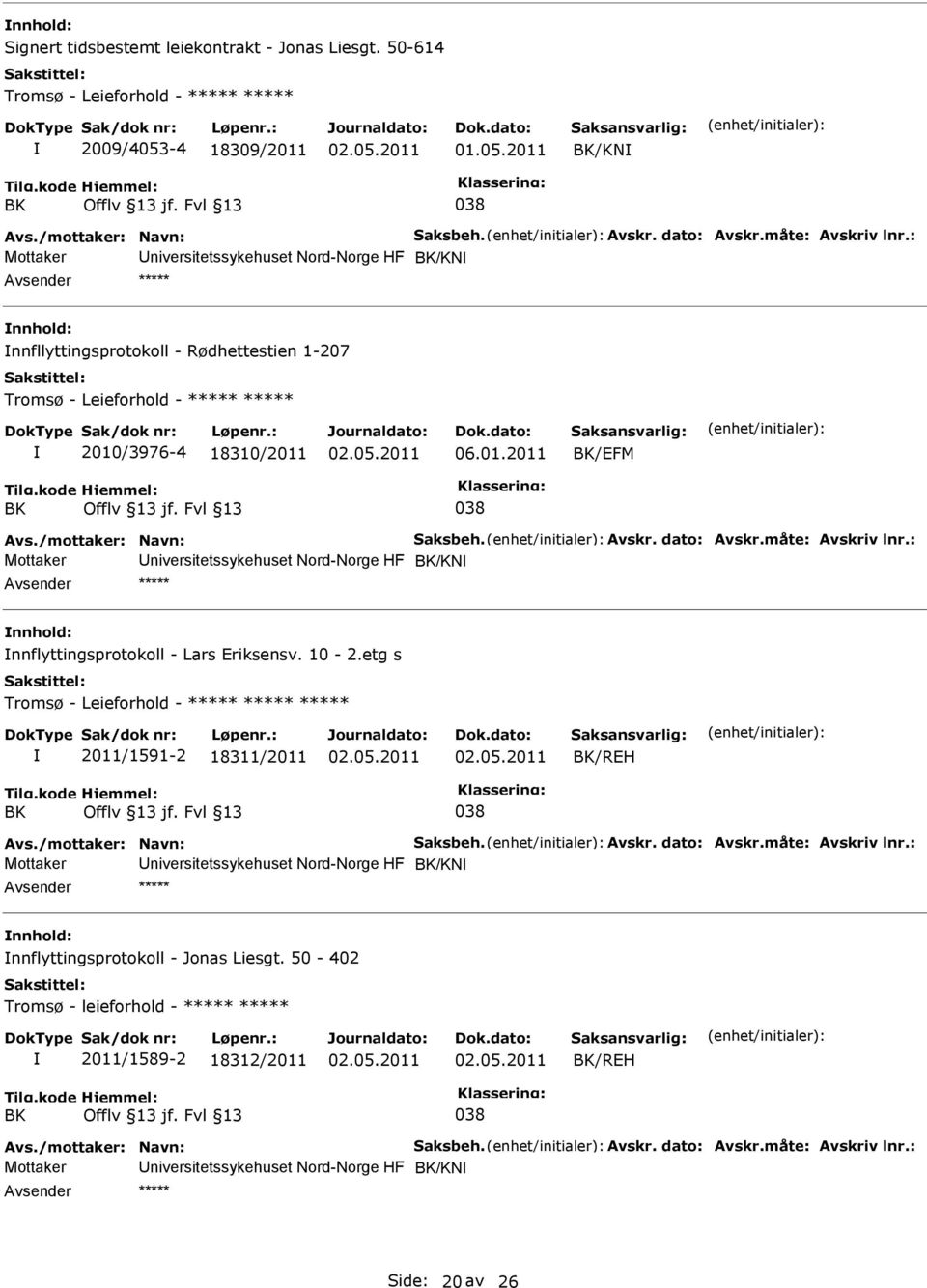 2011 /KN Mottaker niversitetssykehuset Nord-Norge HF /KN nnfllyttingsprotokoll - Rødhettestien 1-207 Tromsø - Leieforhold - ***** ***** 2010/3976-4 18310/2011 06.01.2011 /EFM Mottaker niversitetssykehuset Nord-Norge HF /KN nnflyttingsprotokoll - Lars Eriksensv.