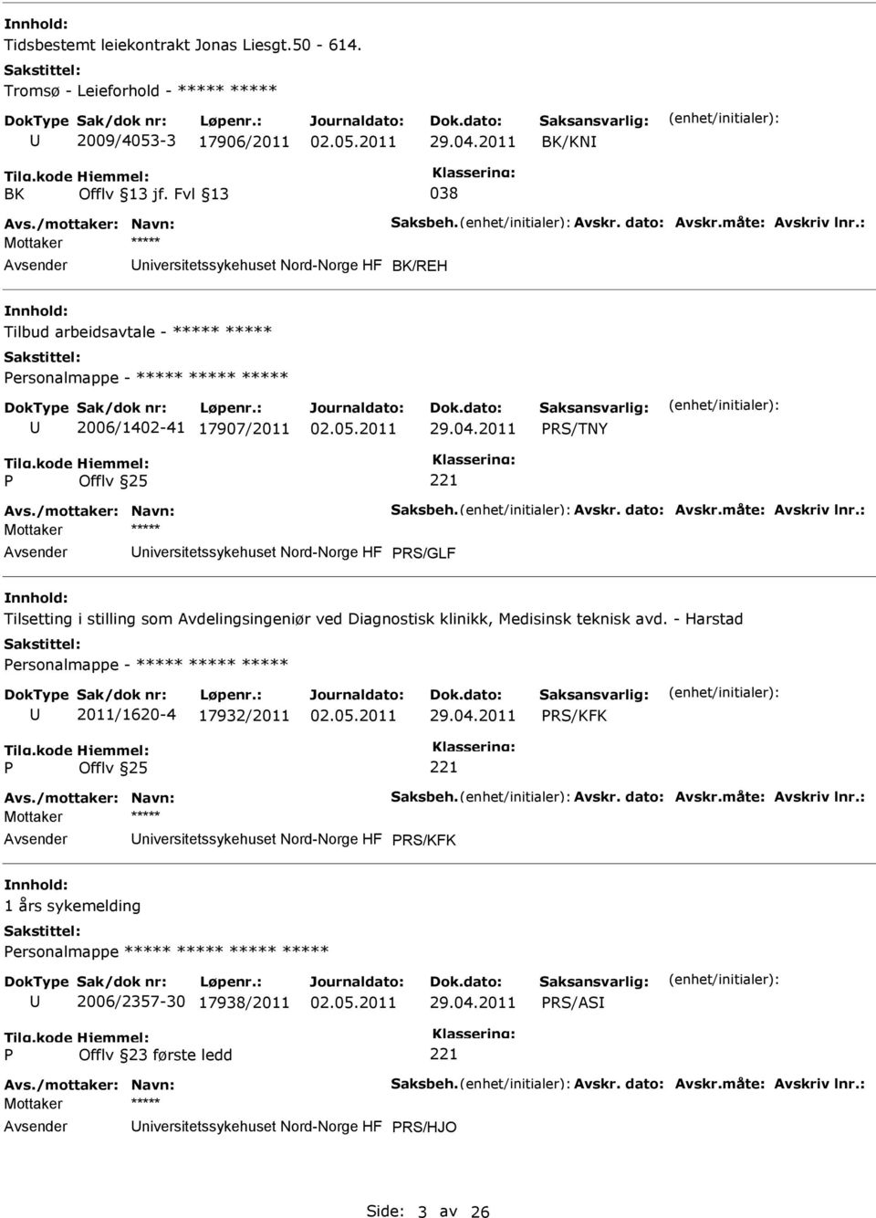 2006/1402-41 17907/2011 PRS/TNY P Offlv 25 221 Mottaker ***** niversitetssykehuset Nord-Norge HF PRS/GLF Tilsetting i stilling som Avdelingsingeniør ved Diagnostisk klinikk, Medisinsk