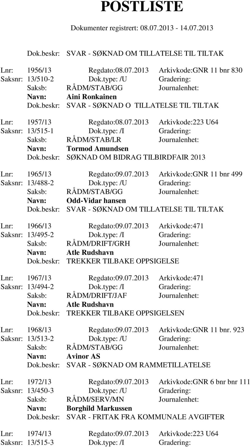 type: /U Gradering: Navn: Odd-Vidar hansen Lnr: 1966/13 Regdato:09.07.2013 Arkivkode:471 Saksnr: 13/495-2 Dok.type: /I Gradering: Saksb: RÅDM/DRIFT/GRH Journalenhet: Navn: Atle Rudshavn Dok.