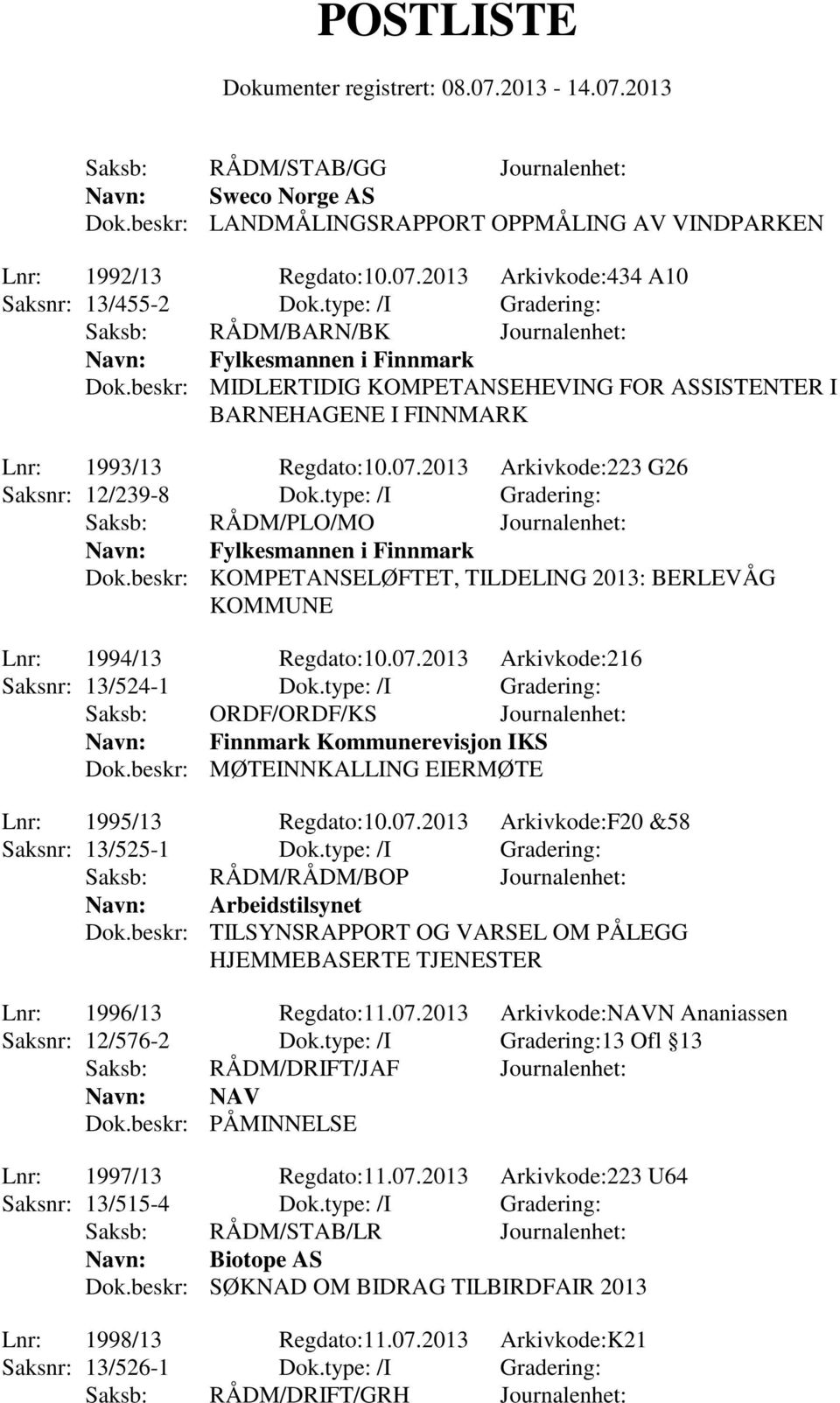 2013 Arkivkode:223 G26 Saksnr: 12/239-8 Dok.type: /I Gradering: Saksb: RÅDM/PLO/MO Journalenhet: Navn: Fylkesmannen i Finnmark Dok.