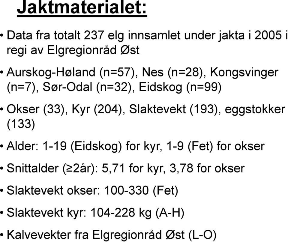 (193), eggstokker (133) Alder: 1-19 (Eidskog) for kyr, 1-9 (Fet) for okser Snittalder ( 2år): 5,71 for kyr,