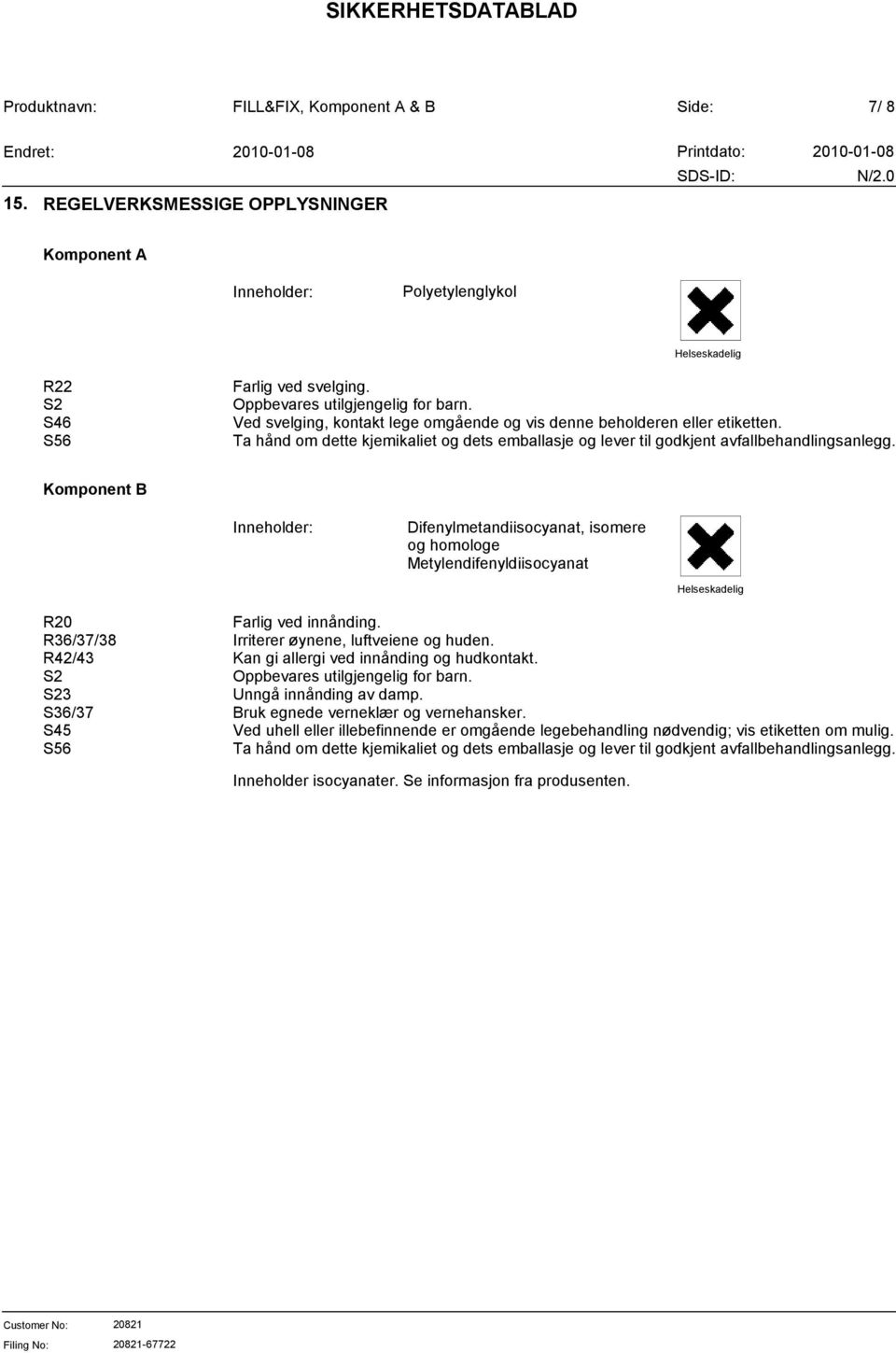 Inneholder: Difenylmetandiisocyanat, isomere og homologe Metylendifenyldiisocyanat Helseskadelig R20 R36/37/38 R42/43 S2 S23 S36/37 S45 S56 Farlig ved innånding. Irriterer øynene, luftveiene og huden.