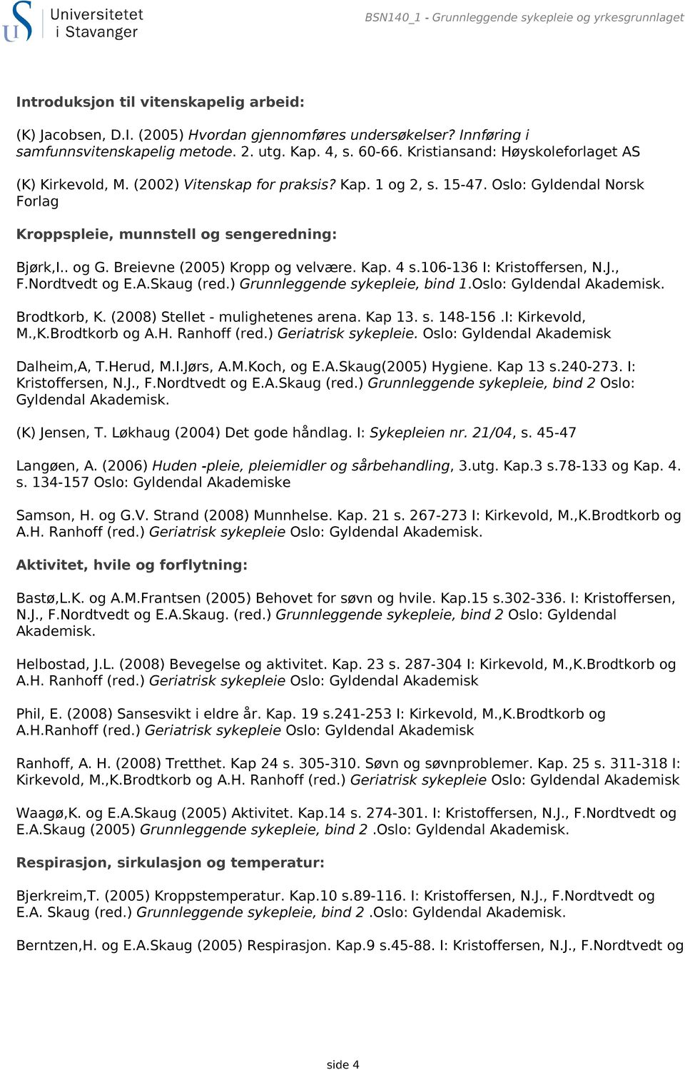 Oslo: Gyldendal Norsk Forlag Kroppspleie, munnstell og sengeredning: Bjørk,I.. og G. Breievne (2005) Kropp og velvære. Kap. 4 s.106-136 I: Kristoffersen, N.J., F.Nordtvedt og E.A.Skaug (red.