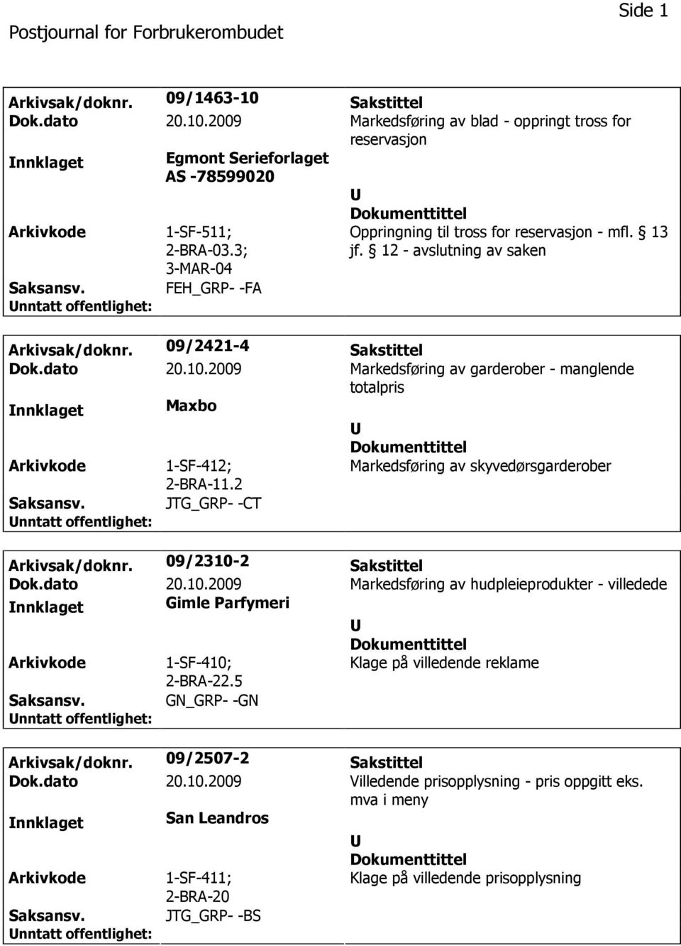 2009 Markedsføring av garderober - manglende totalpris nnklaget Maxbo 1-SF-412; 2-BRA-11.2 Markedsføring av skyvedørsgarderober JTG_GRP- -CT Arkivsak/doknr. 09/2310-