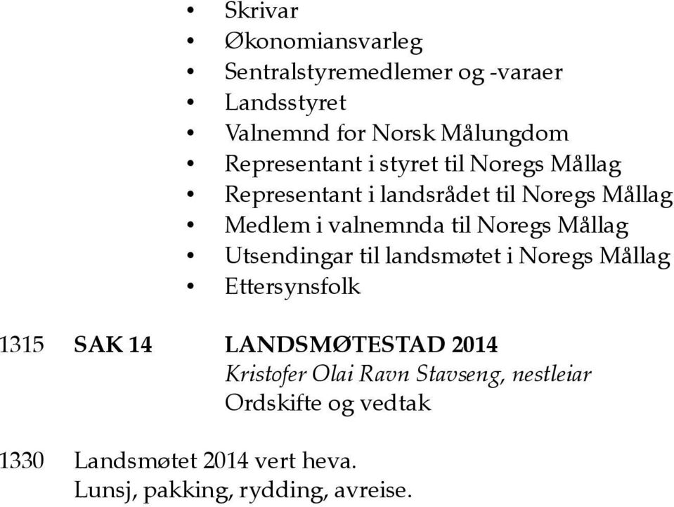til Noregs Mållag Utsendingar til landsmøtet i Noregs Mållag Ettersynsfolk 1315 SAK 14 LANDSMØTESTAD 2014