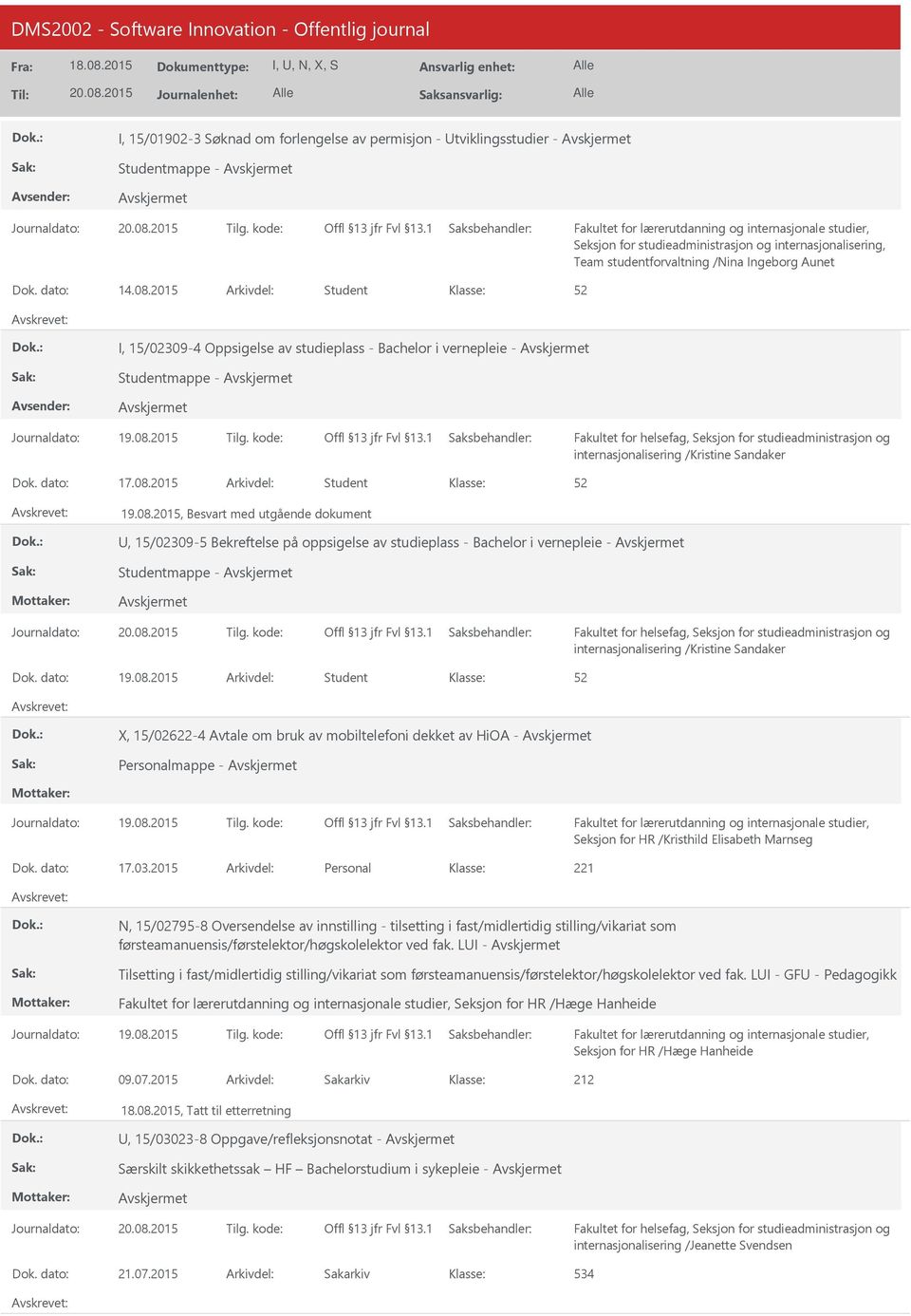 08.2015, Besvart med utgående dokument, 15/02309-5 Bekreftelse på oppsigelse av studieplass - Bachelor i vernepleie - Studentmappe - internasjonalisering /Kristine Sandaker Dok. dato: 19.08.2015 Arkivdel: Student X, 15/02622-4 Avtale om bruk av mobiltelefoni dekket av HiOA - Personalmappe - Seksjon for HR /Kristhild Elisabeth Marnseg Dok.