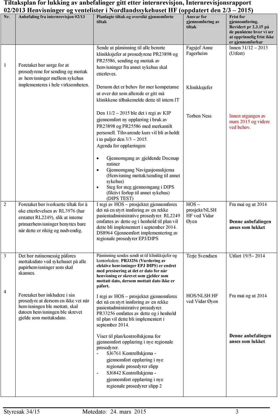 virksomheten. Sende ut påminning til alle berørte klinikksjefer at prosedyrene PR23898 og PR25586, sending og mottak av henvisninger fra annet sykehus skal etterleves.