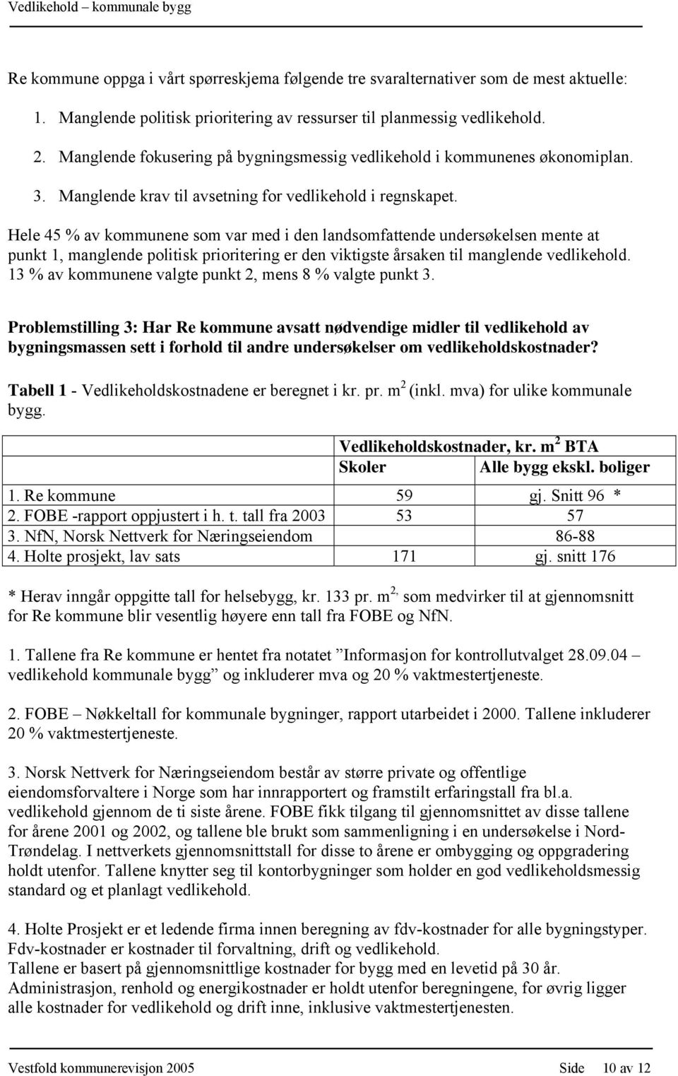 Hele 45 % av kommunene som var med i den landsomfattende undersøkelsen mente at punkt 1, manglende politisk prioritering er den viktigste årsaken til manglende vedlikehold.