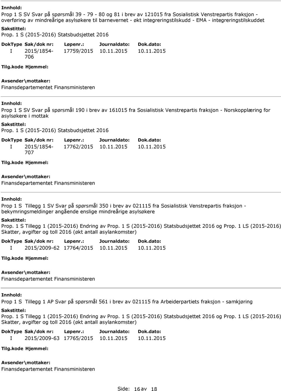 asylsøkere i mottak 2015/1854-707 17762/2015 Finansdepartementet Finansministeren Prop 1 S Tillegg 1 SV Svar på spørsmål 350 i brev av 021115 fra Sosialistisk Venstrepartis fraksjon -