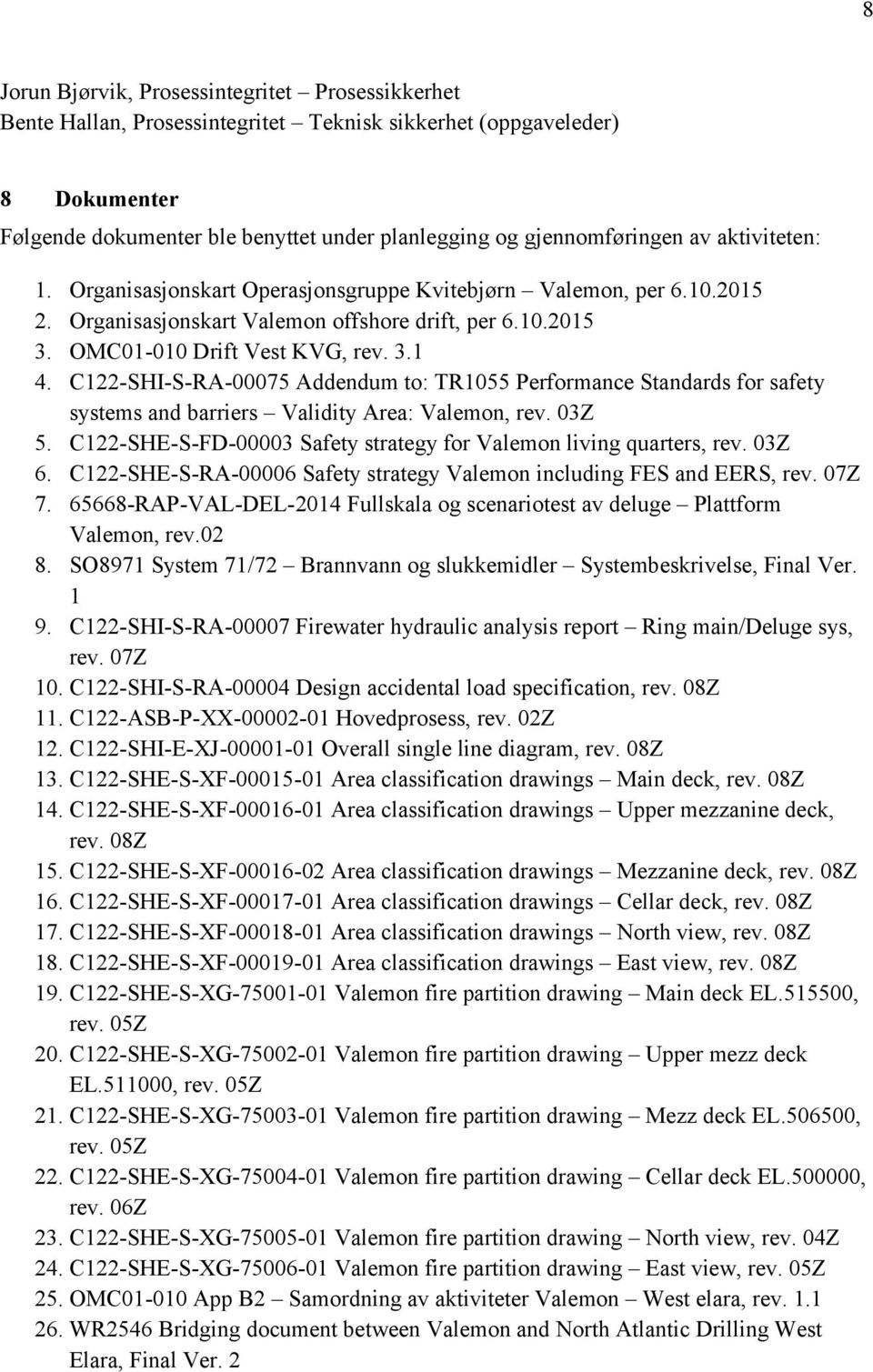 C122-SHI-S-RA-00075 Addendum to: TR1055 Performance Standards for safety systems and barriers Validity Area: Valemon, rev. 03Z 5. C122-SHE-S-FD-00003 Safety strategy for Valemon living quarters, rev.