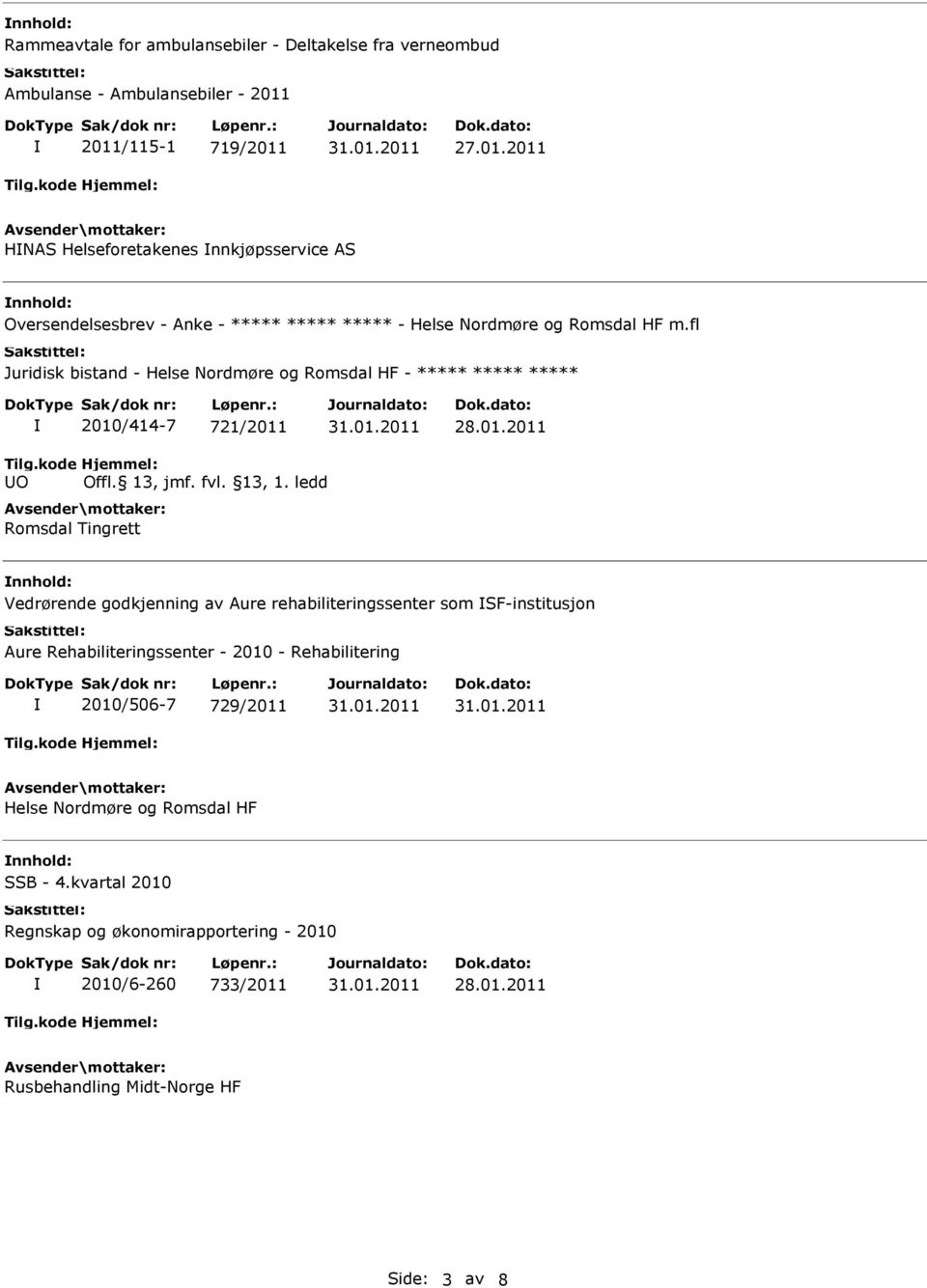 fl Juridisk bistand - Helse Nordmøre og Romsdal HF - ***** ***** ***** 2010/414-7 721/2011 Offl. 13, jmf. fvl. 13, 1.